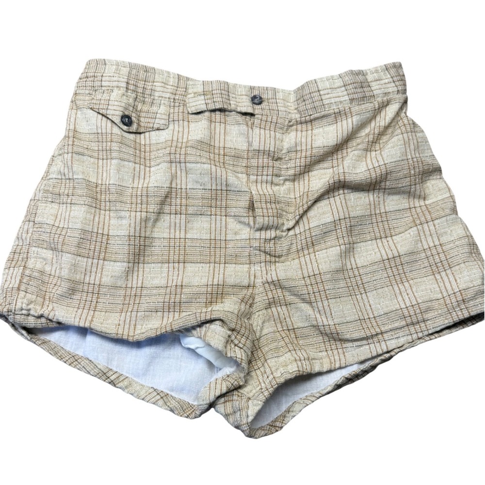Brentwood Vintage Plaid Swim Trunks Mens Size Medium Beige Check Elastic Shorts